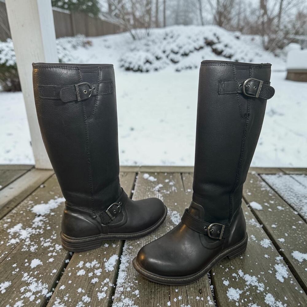 Bogs Women's 8 Black Leather & Rubber McKenna Mid Calf Waterproof Rain Boots
